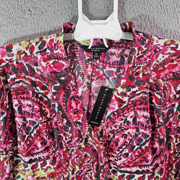 NEW Investments Shirt Top Women 2X Caroline Hidden Button Paisley Red Pink White - Picture 4 of 11